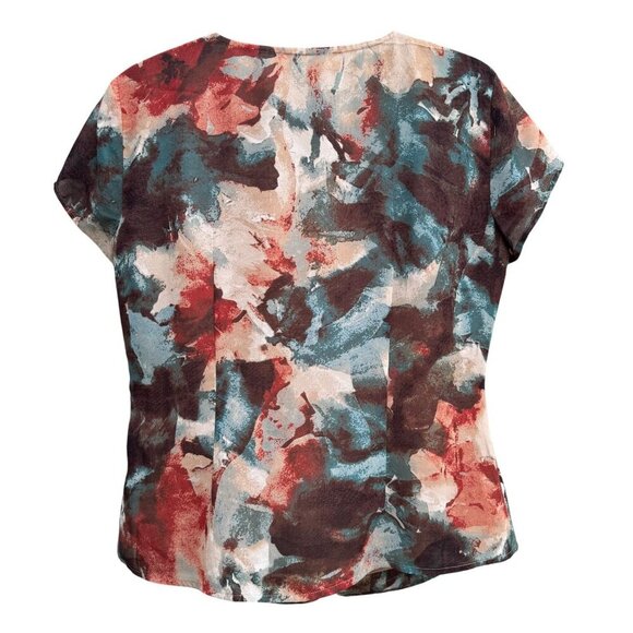 Evan-Picone Womens Red Floral Ruffle V-Neck Short Sleeve Lightweight Blouse 12P - Picture 7 of 8